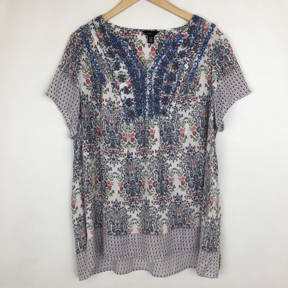 Intro Ditsy Floral Paisley Print Top Beaded V-Neck Women’s Size 2X Lightweight - Picture 1 of 13